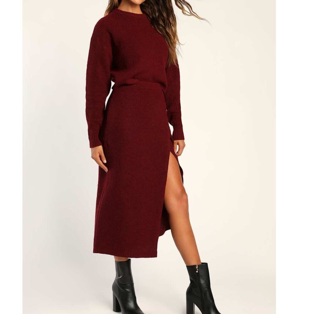 NEW Lulus Autumn Sweetheart Burgundy Waffle Knit Two-Piece Sweater Dress Medium